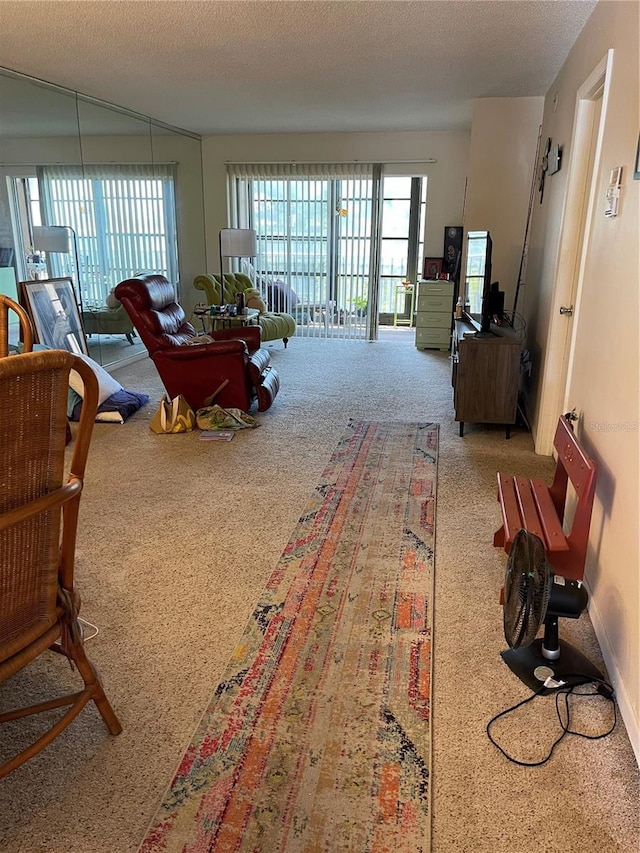 carpeted living room featuring a textured ceiling