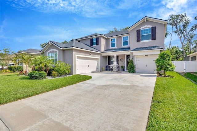 view of front facade featuring a front yard, fence, concrete driveway, an attached garage, and stucco siding