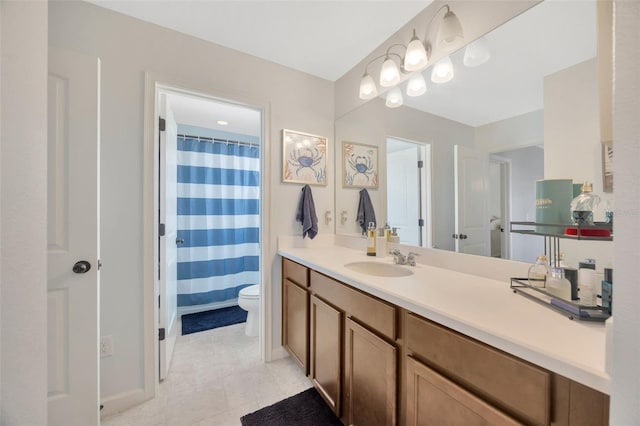 full bathroom with vanity, toilet, tile patterned floors, baseboards, and a shower with curtain