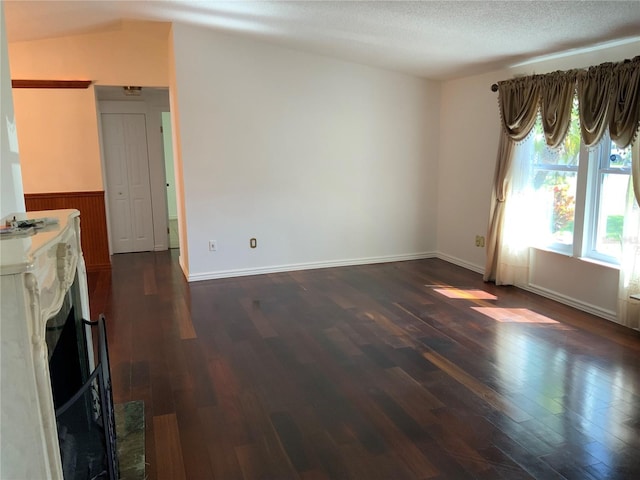 819 Satinleaf Ave, Oldsmar, FL 34677 - unfurnished living room with dark wood-type flooring, a fireplace, a textured ceiling, and wainscoting