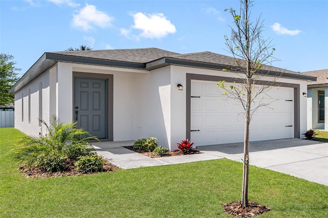 view of front of home with an attached garage, stucco siding, and a front lawn