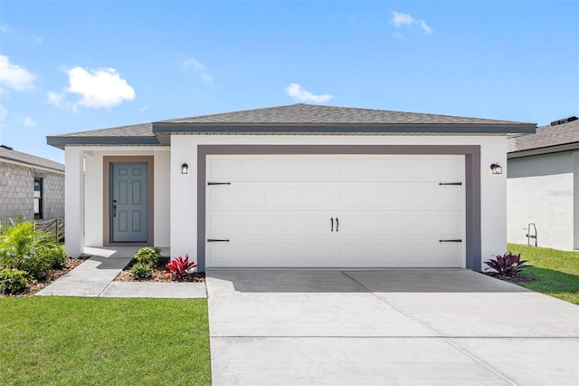 ranch-style home with roof with shingles, driveway, stucco siding, and a garage