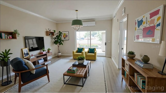 living area with baseboards, ornamental molding, a wall mounted air conditioner, and visible vents