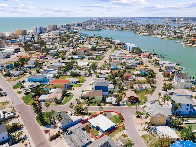 aerial view with a water view and a residential view