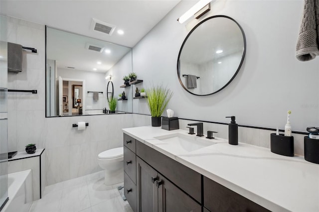 bathroom with recessed lighting, visible vents, marble finish floor, and toilet