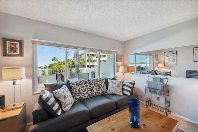living room with a textured ceiling, a healthy amount of sunlight, and baseboards