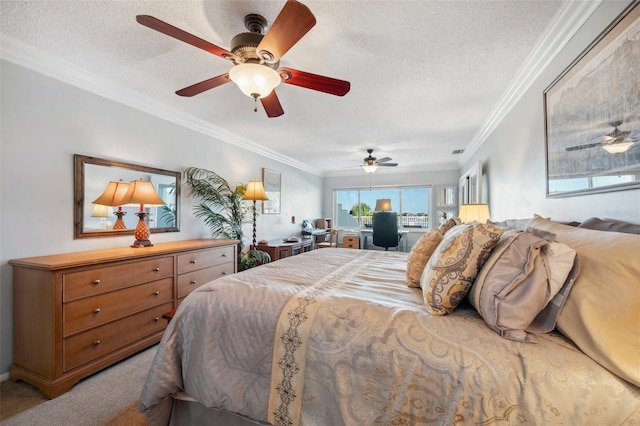 carpeted bedroom with ornamental molding, a ceiling fan, and a textured ceiling