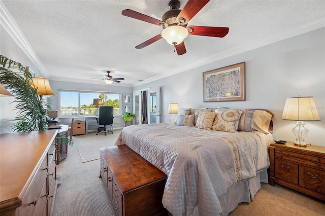 bedroom with ornamental molding, light colored carpet, and a textured ceiling