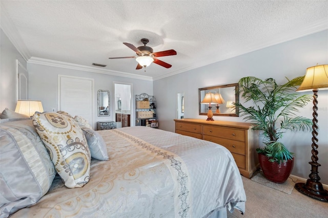 bedroom featuring a textured ceiling, crown molding, light carpet, and visible vents