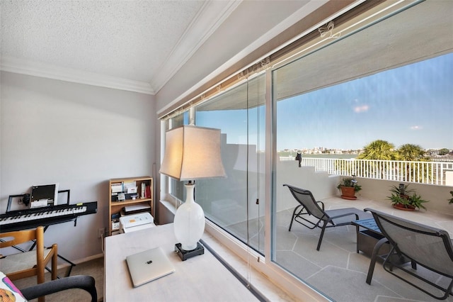 office space with a textured ceiling and ornamental molding