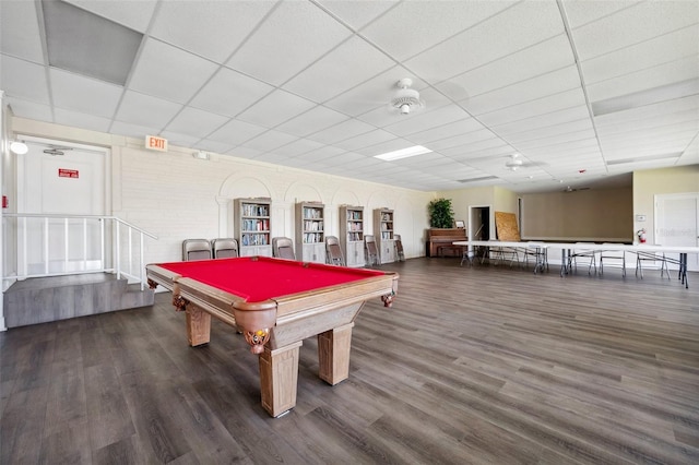 playroom with pool table, a paneled ceiling, and wood finished floors