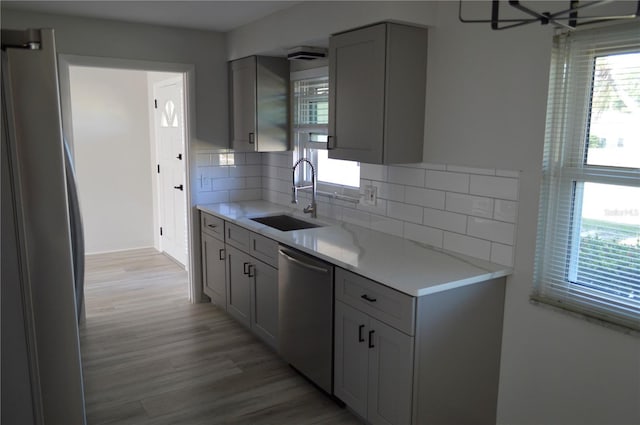 kitchen with gray cabinetry, decorative backsplash, a sink, and appliances with stainless steel finishes