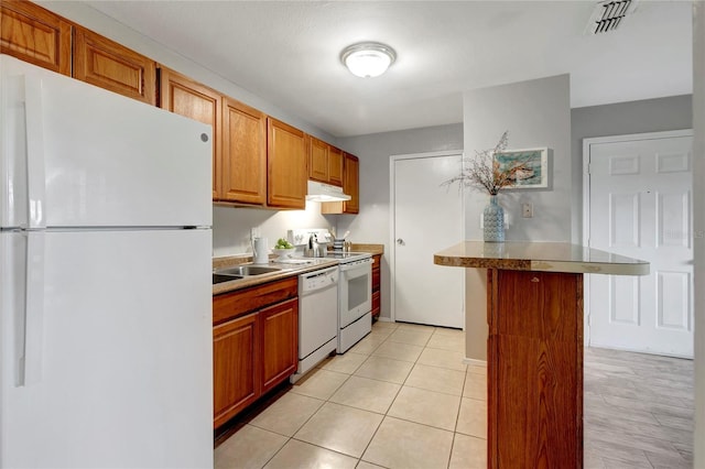 kitchen with visible vents, a kitchen breakfast bar, white appliances, a peninsula, and under cabinet range hood
