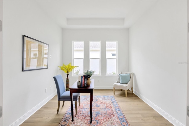 office with a raised ceiling, light wood-style floors, and baseboards