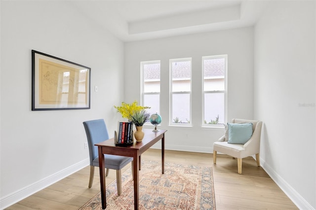 home office featuring light wood-type flooring, plenty of natural light, and a raised ceiling