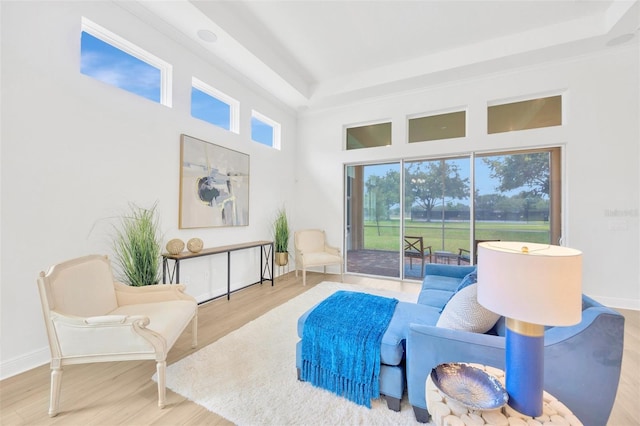 sitting room with baseboards, a raised ceiling, and wood finished floors