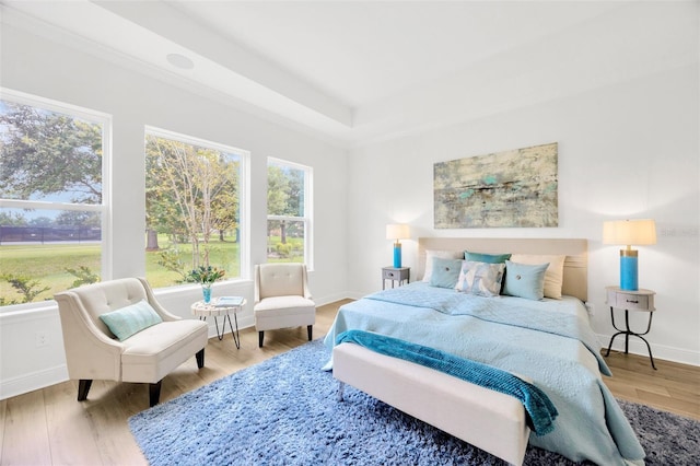 bedroom with a tray ceiling, baseboards, and wood finished floors