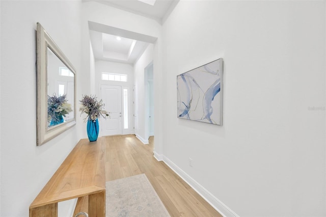 corridor featuring a tray ceiling, light wood-style floors, and baseboards