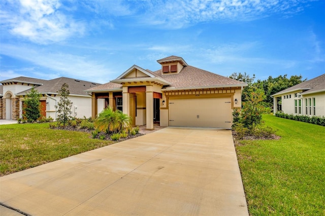 view of front of property with a front yard, a shingled roof, a garage, stucco siding, and driveway