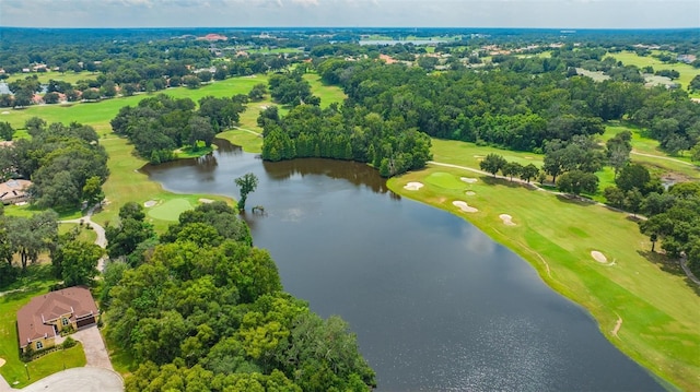 bird's eye view featuring a water view and view of golf course