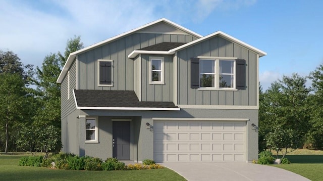 view of front of home featuring roof with shingles, board and batten siding, a garage, and driveway