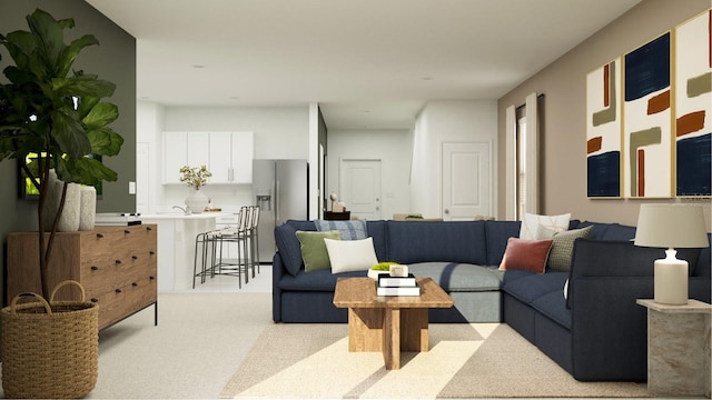 living area featuring light colored carpet