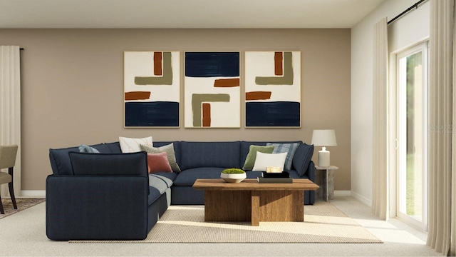 living area with carpet floors and baseboards
