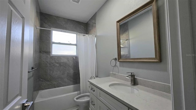 bathroom featuring visible vents, shower / bathtub combination with curtain, toilet, and vanity