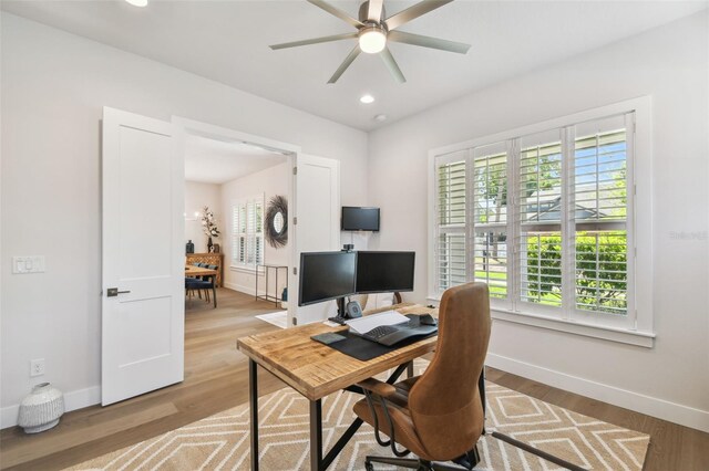 3607 W Roland St, Tampa, FL 33609 - office with baseboards, recessed lighting, wood finished floors, and ceiling fan