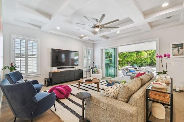 3607 W Roland St, Tampa, FL 33609 - living room featuring beamed ceiling, recessed lighting, coffered ceiling, a ceiling fan, and visible vents
