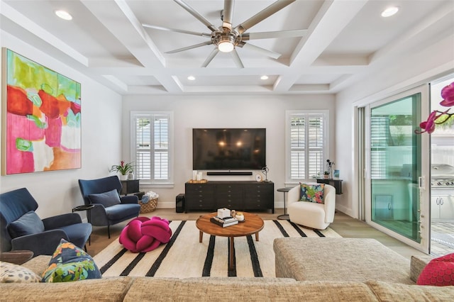 3607 W Roland St, Tampa, FL 33609 - living area with beam ceiling, ceiling fan, and coffered ceiling