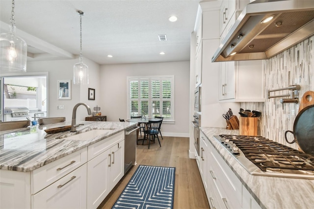3607 W Roland St, Tampa, FL 33609 - kitchen with light wood-style flooring, a sink, appliances with stainless steel finishes, exhaust hood, and recessed lighting