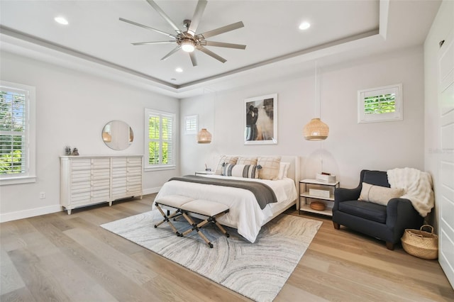 3607 W Roland St, Tampa, FL 33609 - bedroom featuring light wood finished floors, multiple windows, and a tray ceiling