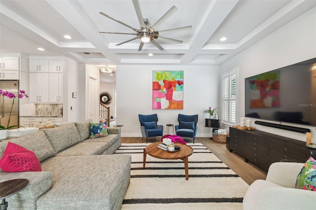 3607 W Roland St, Tampa, FL 33609 - living area with recessed lighting, ceiling fan, coffered ceiling, and light wood finished floors