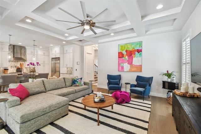 3607 W Roland St, Tampa, FL 33609 - living area featuring recessed lighting, wood finished floors, coffered ceiling, beamed ceiling, and a ceiling fan