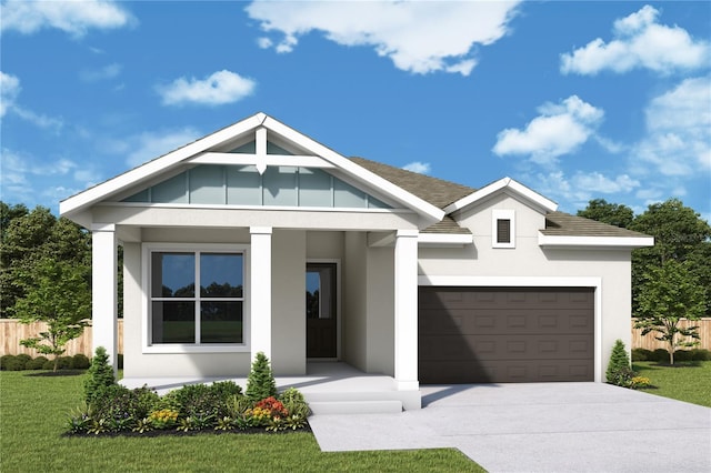 view of front of home with stucco siding, a front yard, fence, an attached garage, and driveway