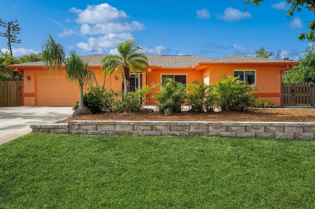 ranch-style house featuring concrete driveway, stucco siding, an attached garage, a front yard, and fence