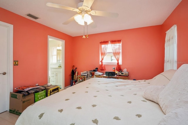 bedroom with visible vents, a ceiling fan, and ensuite bathroom