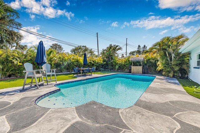 pool featuring a patio and a yard