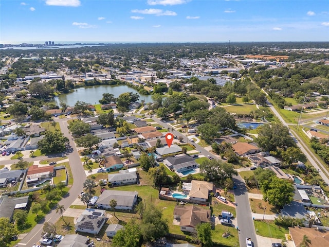 aerial view with a water view and a residential view