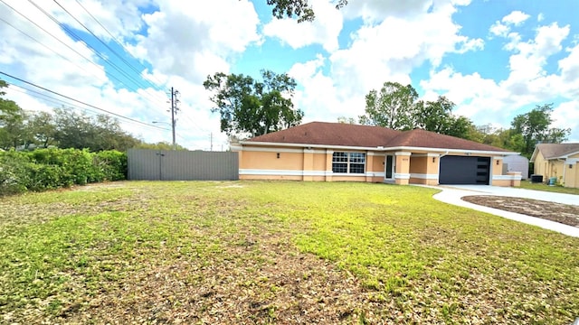 single story home featuring a front yard, a garage, fence, stucco siding, and driveway