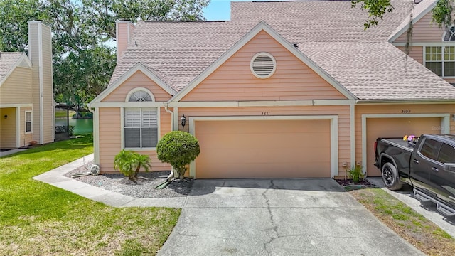 3611 Pine Knot Dr, Valrico, FL 33596 - view of front of house featuring a garage, a front lawn, a shingled roof, and driveway