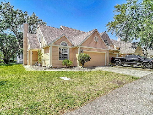 3611 Pine Knot Dr, Valrico, FL 33596 - view of front facade with a chimney, a shingled roof, driveway, a front yard, and an attached garage