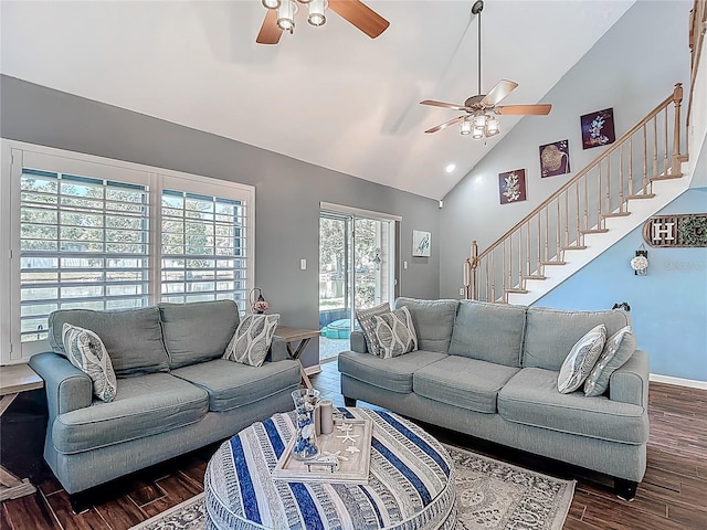 3611 Pine Knot Dr, Valrico, FL 33596 - living area featuring stairway, ceiling fan, plenty of natural light, and dark wood-style floors