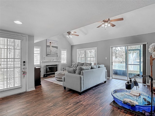 3611 Pine Knot Dr, Valrico, FL 33596 - living room with dark wood-style floors, a glass covered fireplace, ceiling fan, and vaulted ceiling