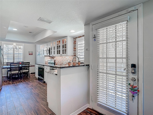 3611 Pine Knot Dr, Valrico, FL 33596 - kitchen with white cabinetry, glass insert cabinets, visible vents, a raised ceiling, and dark wood-style flooring