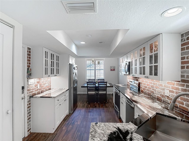 3611 Pine Knot Dr, Valrico, FL 33596 - kitchen featuring a sink, a raised ceiling, visible vents, appliances with stainless steel finishes, and dark wood finished floors