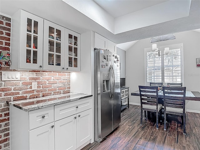 3611 Pine Knot Dr, Valrico, FL 33596 - kitchen featuring white cabinetry, glass insert cabinets, stainless steel refrigerator with ice dispenser, light stone countertops, and dark wood-type flooring