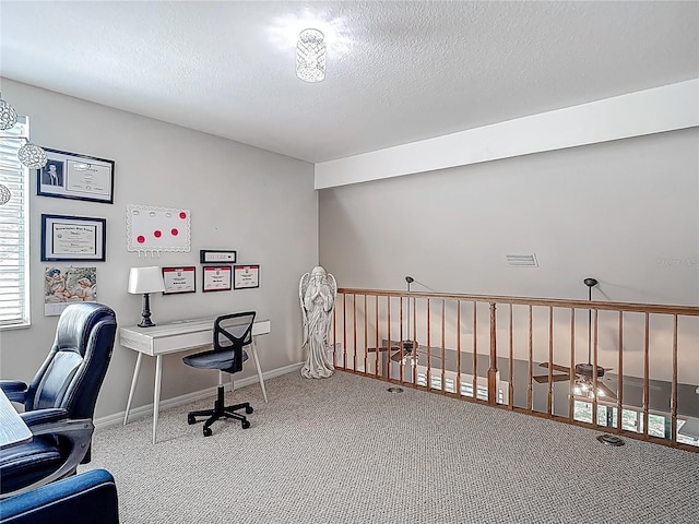 3611 Pine Knot Dr, Valrico, FL 33596 - office area featuring a textured ceiling, visible vents, baseboards, and carpet floors