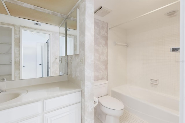 bathroom featuring tile patterned flooring, visible vents, toilet, vanity, and shower / bathing tub combination